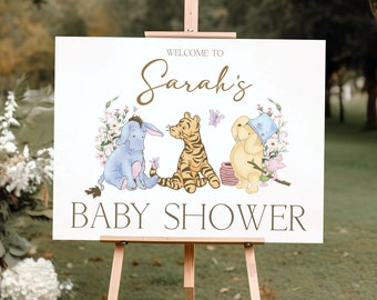 Winnie the Pooh Baby Shower Welcome Sign, Classic Winnie the Pooh, Winnie the Pooh Welcome Sign, Girl Baby Shower, Pink, Editable Template