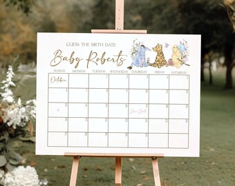 Winnie the Pooh Baby Shower Calendar, Classic Winnie the Pooh, Winnie the Pooh Baby Shower, Girl Baby Shower, Pink, Editable Template