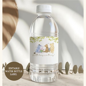 Winnie de Pooh babyshower waterflesetiketten, klassieke Winnie de Pooh, babyshower, jongen, meisjesdouche, bewerkbare sjabloon, afdrukbaar