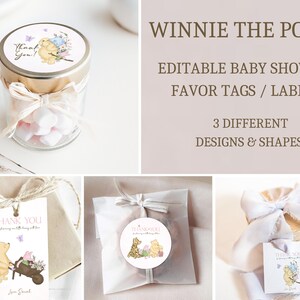 Winnie the Pooh Baby Shower Favor Tags, Thank You Tags, Classic Winnie the Pooh, Winnie the Pooh Baby Shower, Girl, Pink, Editable Template