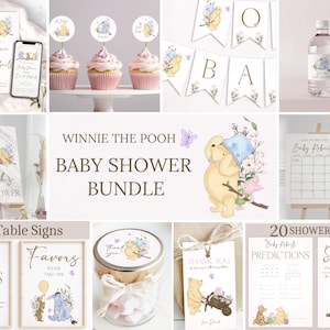Paquete de baby shower de Winnie the Pooh, Winnie the Pooh vintage, signos clásicos de baby shower de Winnie the Pooh Girl, juegos, favor, plantilla editable