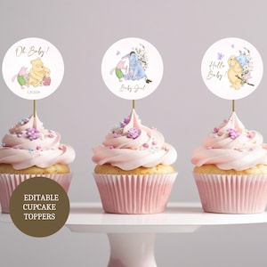 Decoración para cupcakes de Winnie the Pooh, Baby Shower clásico de Winnie the Pooh, Baby Shower para niña, Rosa, Plantilla editable, Descarga instantánea