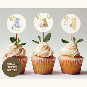 Winnie the Pooh Baby Shower, Cupcake Topper, Classic Winnie the Pooh, Baby Shower, Boy, Girl, Editable Template, Instant Download