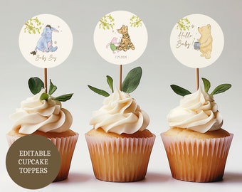 Winnie the Pooh Baby Shower, Cupcake Topper, Classic Winnie the Pooh, Baby Shower, Boy, Girl, Editable Template, Instant Download