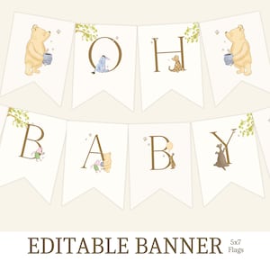 Winnie the Pooh Baby Shower Banner, Classic Winnie the Pooh, Vintage Winnie the Pooh, Baby Shower, Name Banner, Boy, Girl, Editable Template