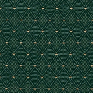 May include: Dark green fabric with a repeating diamond pattern. Each diamond is outlined with a lighter green stitch and contains a textured center. Small, tan-colored dots are evenly spaced throughout the design.