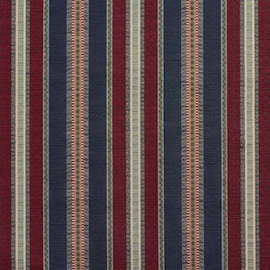 May include: A striped fabric with alternating bands of red, blue, and white. The fabric has a subtle texture and a woven appearance.