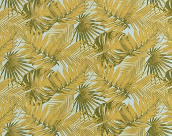 Aqua & Green Stain Resistant Performance Leaves Print Woven Pattern Upholstery Fabric by the Yard - SKU: Elora Aqua