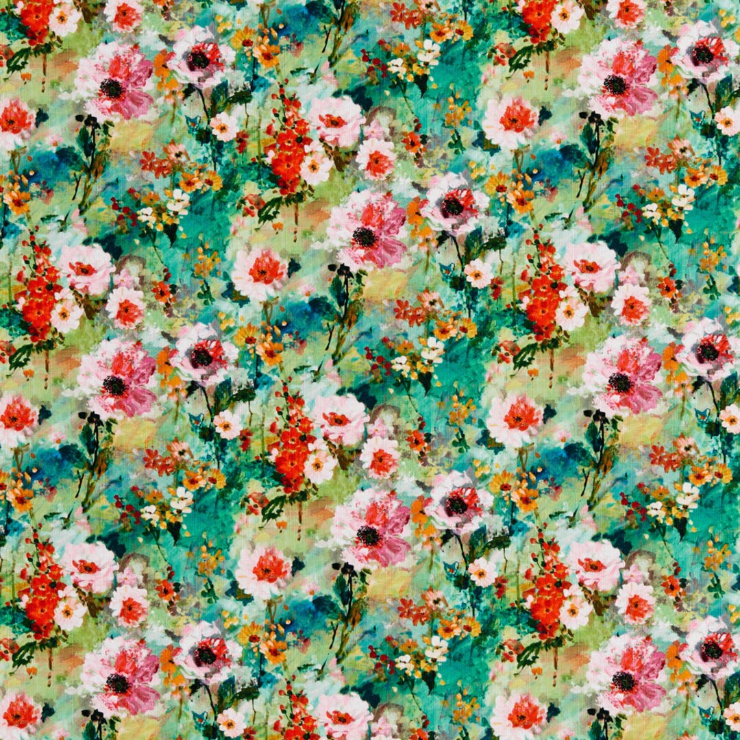 Pink Green Floral Linen Look Print Upholstery Fabric by the Yard - SKU ...