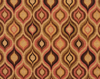 Peut inclure: Un motif répétitif de formes de larmes brunes, orange et roses sur un fond beige. Le motif est tissé dans le tissu, créant un aspect texturé.
