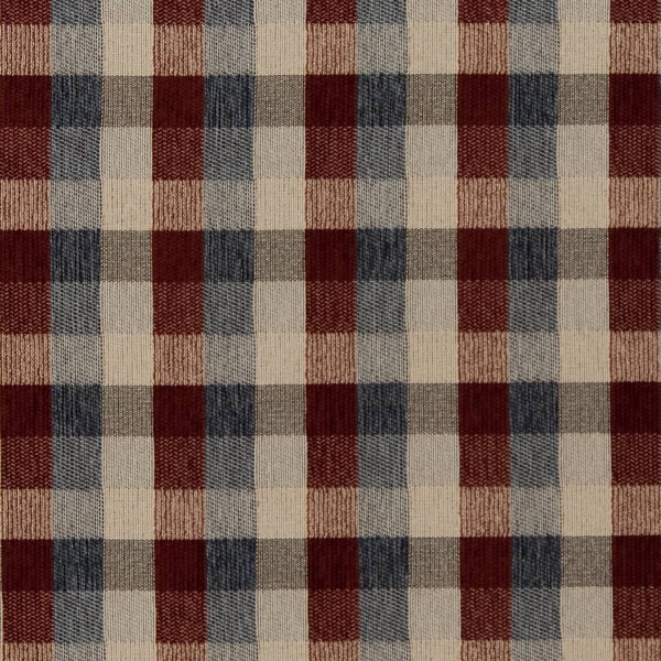 Blue Red Stain Resistant Performance Pet Friendly Check Plaid Woven Pattern Upholstery Fabric by the Yard - SKU: Menifee Oxblood
