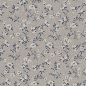 May include: A seamless fabric pattern with a light gray background and a repeating design of small white flowers with blue stems and leaves.