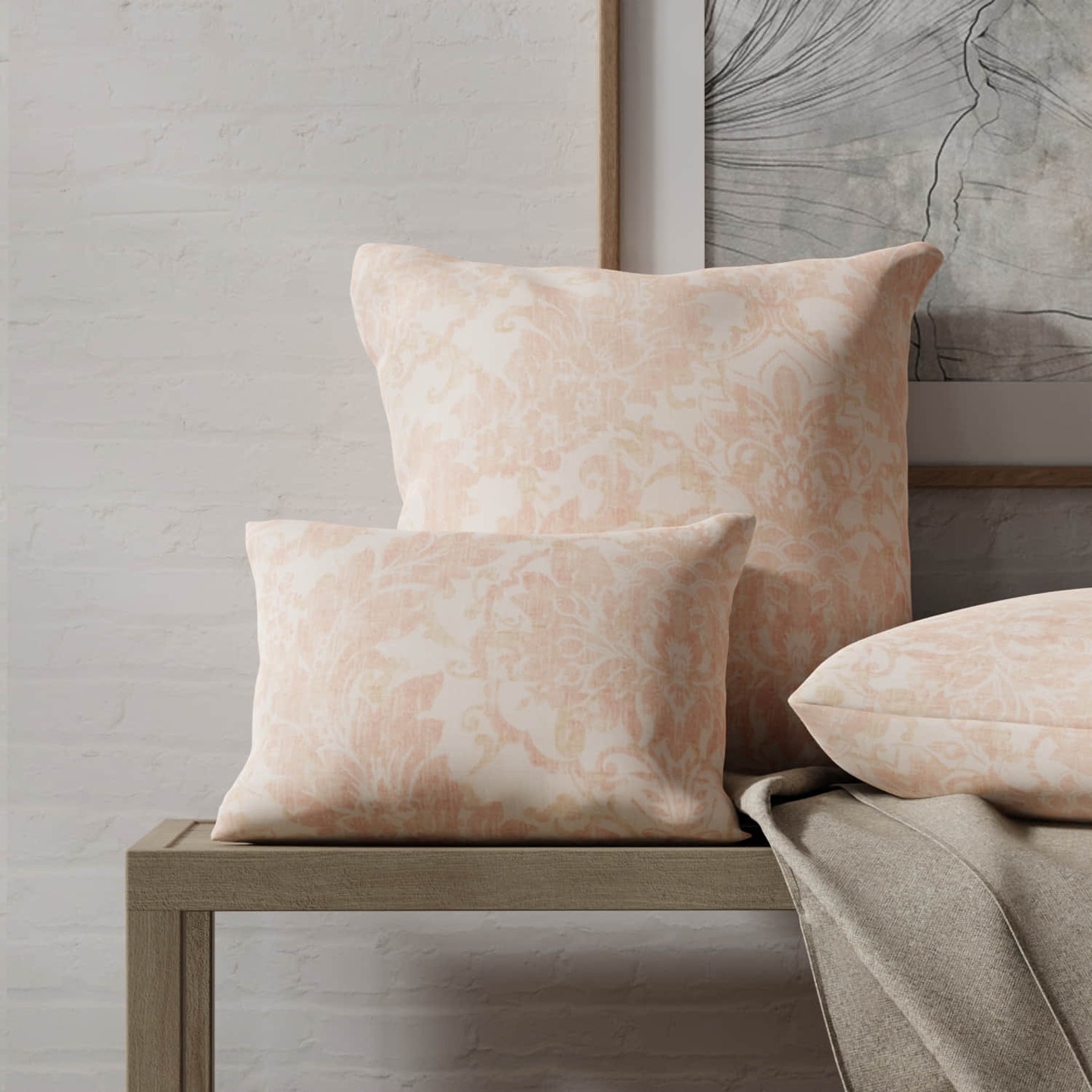 Pink Damask Linen Look Print Upholstery Fabric by the Yard - SKU: Warby ...
