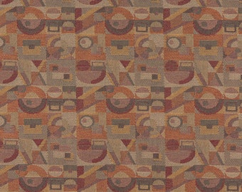 Peut inclure: Tissu texturé à motifs géométriques dans des tons de marron, orange et rouge. Le motif comprend des formes répétées, notamment des cercles, des carrés et des triangles. Le tissu tissé est adapté à la tapisserie ou à la décoration intérieure.