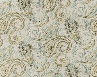 May include: A seamless pattern featuring a paisley design in shades of green, blue, and brown on a white background.