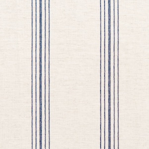 May include: White fabric with thin blue stripes running vertically. The fabric has a subtle texture.