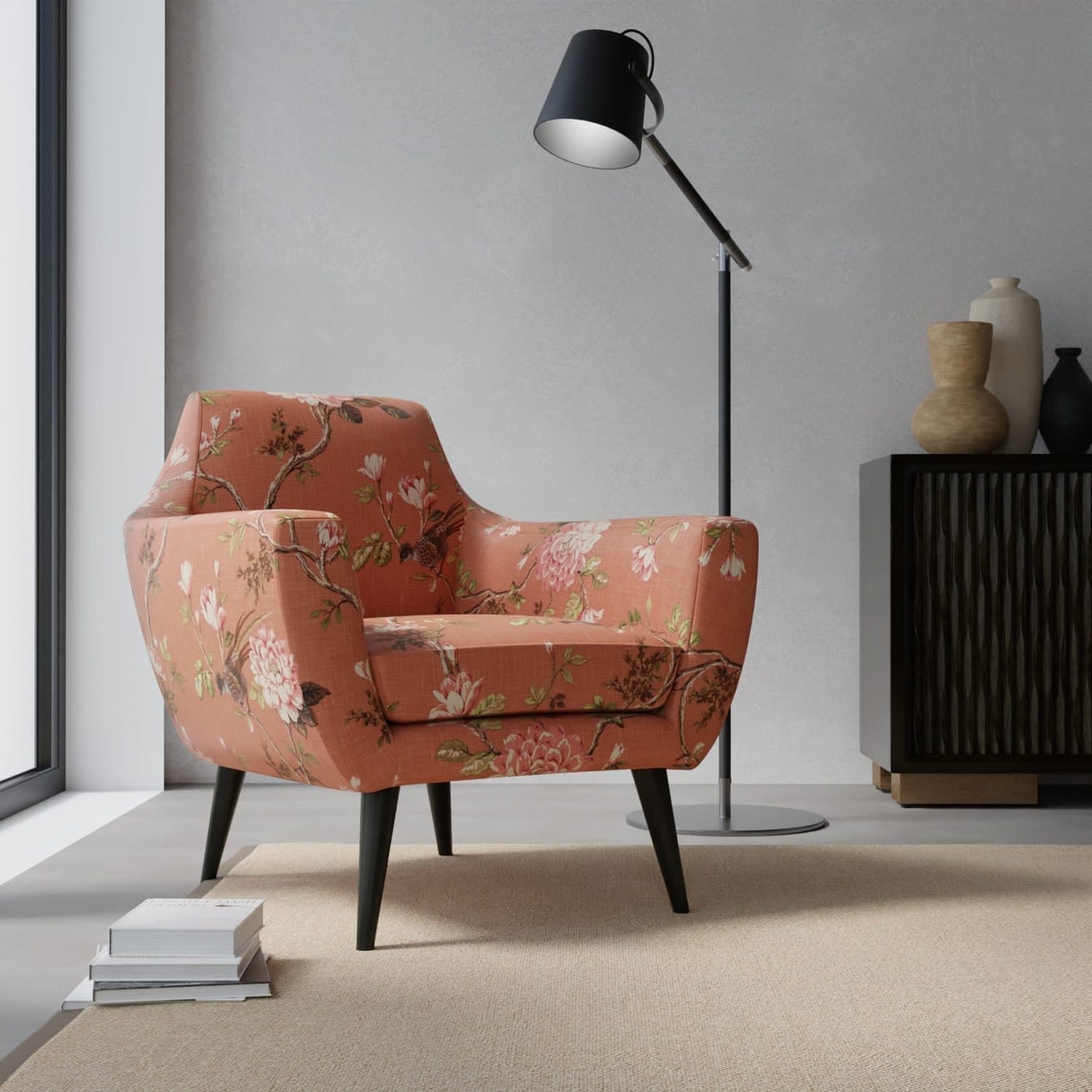 Coral Floral Linen Look Print Upholstery Fabric by the Yard - SKU: Ward ...