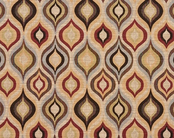 Peut inclure: Un motif répété de formes de larmes brunes, rouges, jaunes et bleues sur un fond beige. Les formes de larmes sont superposées et créent un motif géométrique.