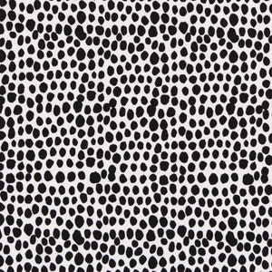 May include: A white background with a repeating pattern of black polka dots of varying sizes.