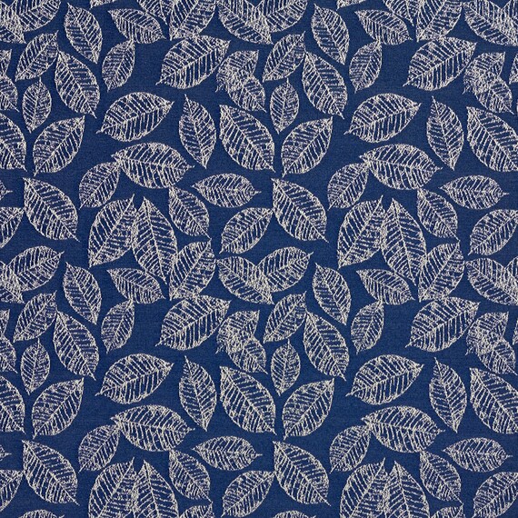 Navy Blue Floral Leaf Jacquard Woven Upholstery Fabric By The Etsy