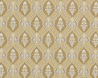 May include: A repeating pattern of white and gold damask design on a fabric. The pattern is a series of interlocking ovals with a floral design in the center of each oval.