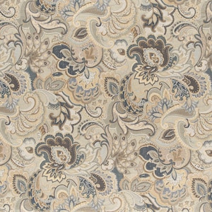 May include: A beige fabric with a paisley pattern in shades of brown, blue, and cream.