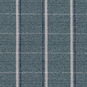 May include: A blue and white plaid fabric with a subtle texture. The fabric has a woven pattern with thin white stripes and thicker blue stripes.