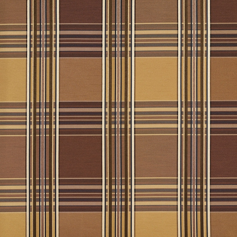 Pattern # B0220E Brown And Gold Shiny Various Size Stripes Plaid Silk Satin Look Upholstery Fabric By The Yard