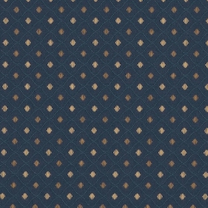 May include: A dark blue fabric with a repeating pattern of small, light brown diamonds.
