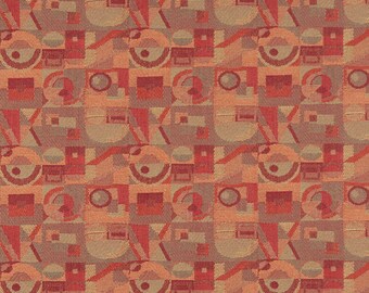Peut inclure: Tissu tissé avec un motif géométrique répétitif. Le design présente des carrés, des cercles et des triangles dans des tons de rouge, d'orange et de beige. Le tissu a un aspect texturé.