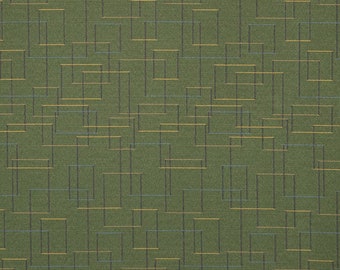 May include: Green fabric with a geometric pattern of overlapping squares in gold and blue.