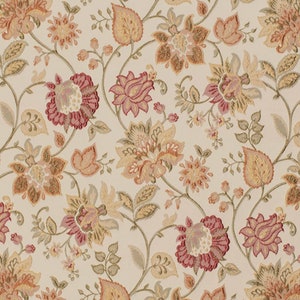 May include: A cream-colored fabric with a repeating pattern of pink, orange, and brown floral designs. The fabric has a textured, woven look.