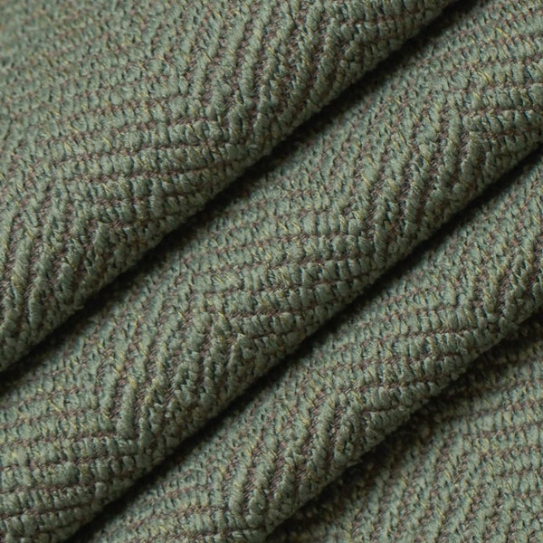 Green Performance Pet Friendly Herringbone Textured Woven Pattern Upholstery Fabric by the Yard - SKU: Ellen Sage