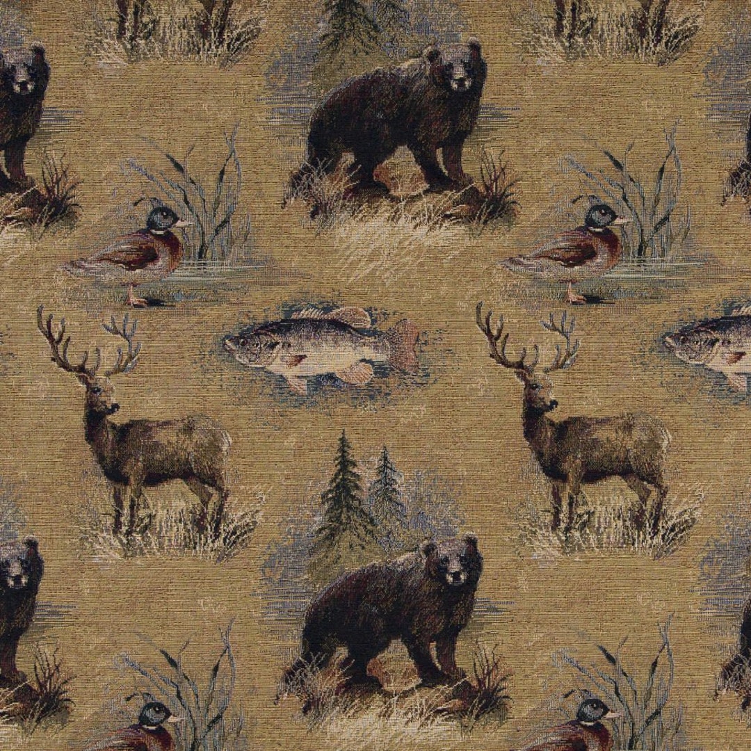 Rustic Bears Fish Ducks Deer and Trees Themed Tapestry Upholstery