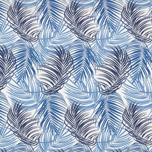 May include: A seamless pattern featuring blue and white palm leaves. The leaves are arranged in a repeating pattern, creating a tropical feel.