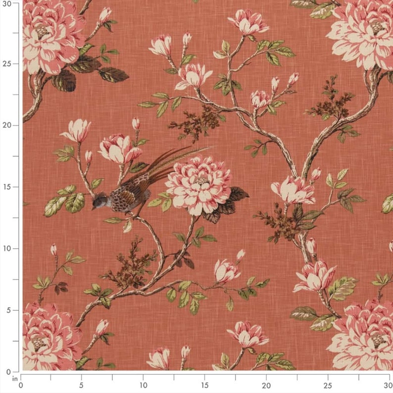 Coral Floral Linen Look Print Upholstery Fabric by the Yard - SKU: Ward ...