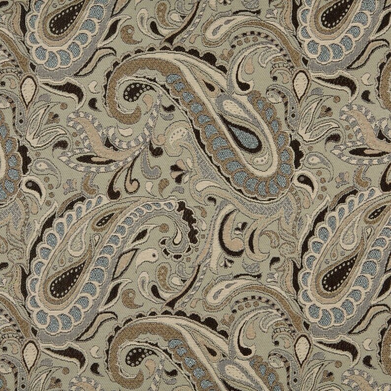 Pattern # A0110A Brown Beige Light Blue And Tan Paisley Woven Solution Dyed Indoor Outdoor Upholstery Fabric By The Yard