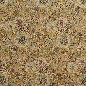 May include: A beige fabric with a floral pattern in shades of green, blue, and brown. The fabric features a repeating pattern of flowers and leaves.