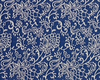 Navy Blue Contemporary Floral Jacquard Woven Upholstery Fabric By The Yard | Pattern # B600