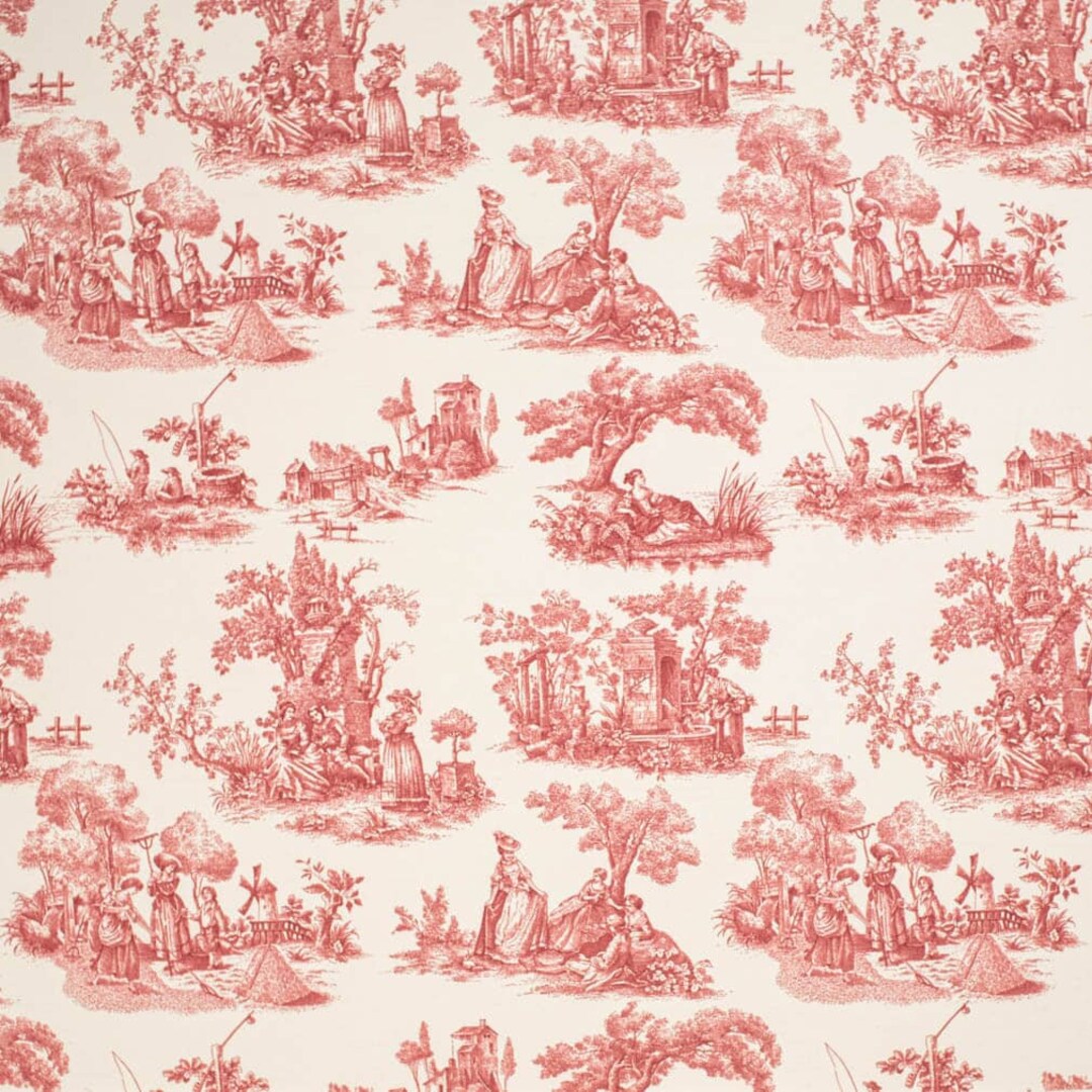 Red Toile Linen Look Print Upholstery Fabric by the Yard - SKU: Blair ...