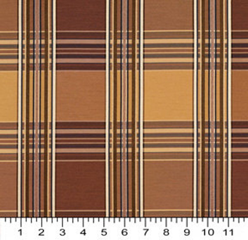 Pattern # B0220E Brown And Gold Shiny Various Size Stripes Plaid Silk Satin Look Upholstery Fabric By The Yard