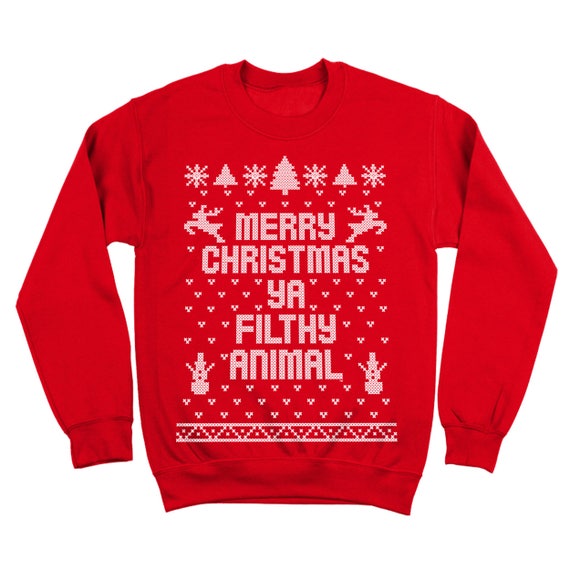 LONG SLEEVE T-Shirt Merry Christmas Ya Filthy Animal Ugly Sweater Retro Red