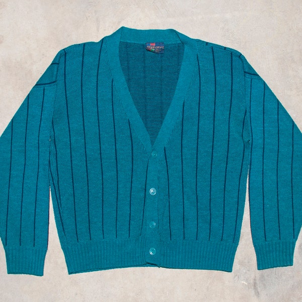 Striped CARDIGAN Size Large Vintage 80s Grandpa Sweater Manhattan Club Brand Knitwear 1980s Teal Blue Ribbed Cuffs Waist Streetwear Style