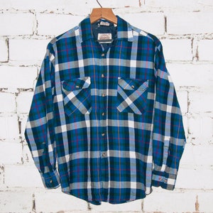 80s Vintage Blue Plaid Acrylic Flannel Shirt, Mens Medium