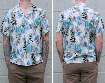 80s Vintage Hawaiian Shirt Size L Lo Hawaii Designs Brand Made in Hawaii USA Large Mens Button Up Top Underwater Tropical Fish Graphic Print