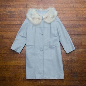Gray Leather Coat Womens Size Medium Vintage 60s Fur Collar Dan Di Modes Brand Overcoat Coat 1960s Retro Jacket Outerwear Streetwear Style