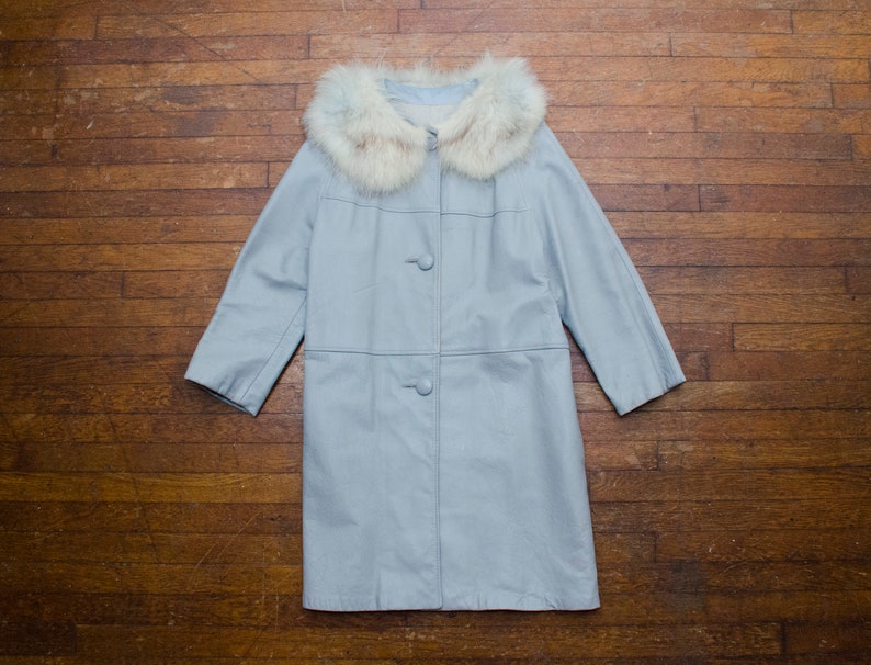 Gray Leather Coat Womens Size Medium Vintage 60s Fur Collar Dan Di Modes Brand Overcoat Coat 1960s Retro Jacket Outerwear Streetwear Style image 1