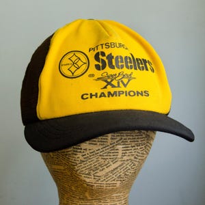 Vintage Pittsburgh Steelers Hat Super Bowl XIV Champions 1980s Snap Back Trucker Style Adult Baseball Cap Black Yellow Distressed Streetwear