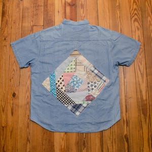Vintage Upcycled Patchwork Quilt Shirt, Faded Glory Denim, Size XL