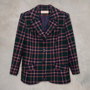 PENDLETON Plaid Wool Blazer Womens Size 14 Medium Vintage 70s Classic Button Up Jacket Made in USA 1970s Green Red Blue Pure Virgin Wool